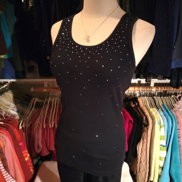 TIA TOO! ♡ Gorgeous Vintage Black Tank Top w/Sweet Bursts of Rhinestones L (S/M) - Picture 14 of 16